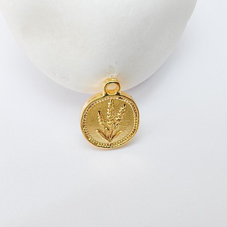 2 Lavender Flower Charm Pendant, Double Sided Oval Design, 24k Shiny Gold Zamac, 16x13mm, G37388