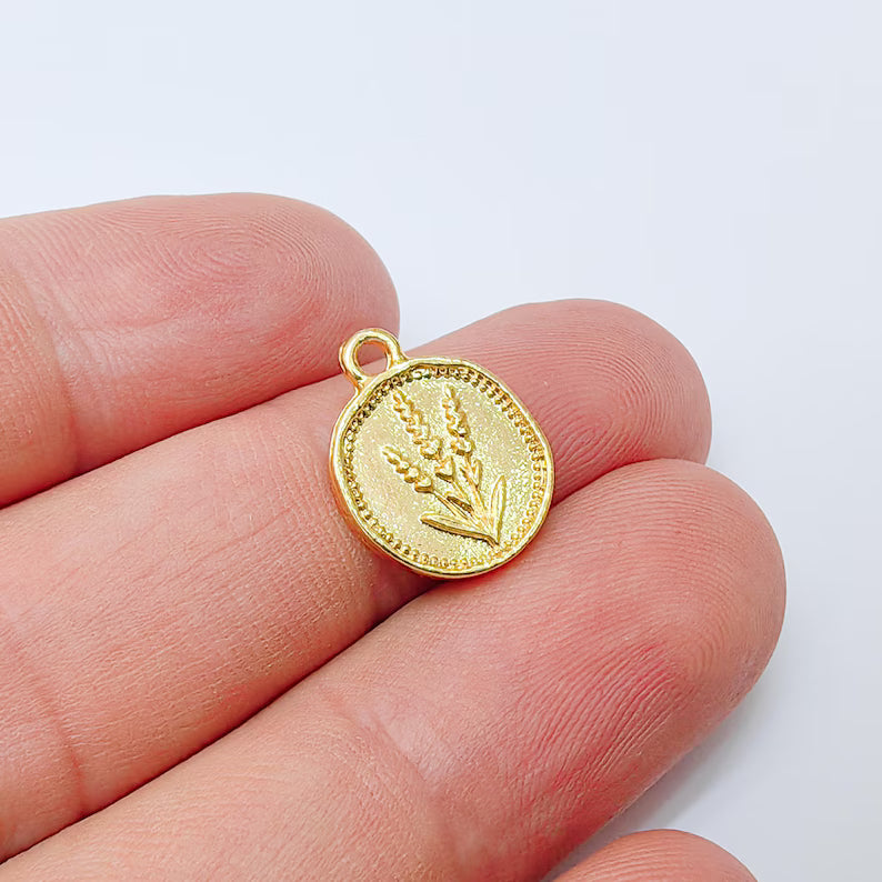 2 Lavender Flower Charm Pendant, Double Sided Oval Design, 24k Shiny Gold Zamac, 16x13mm, G37388