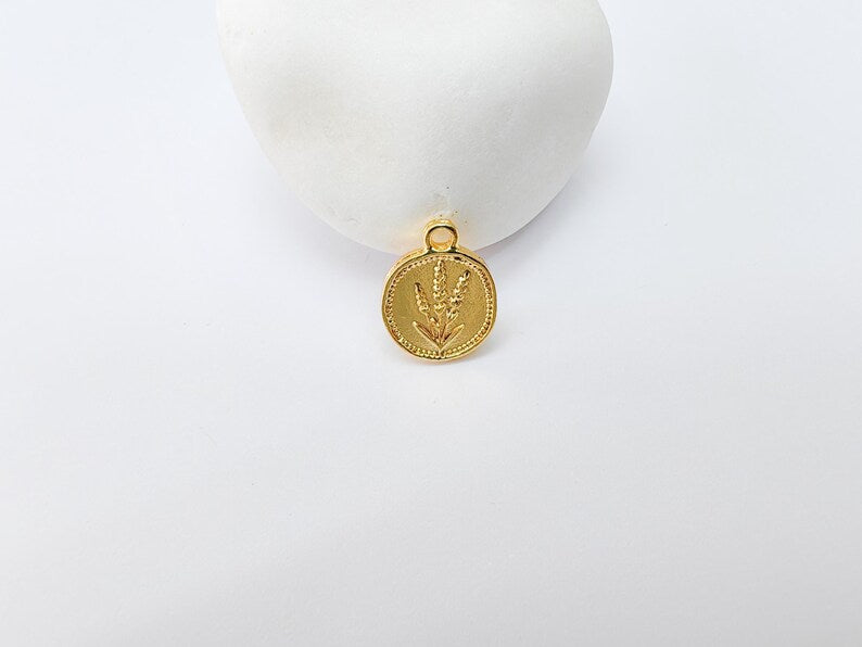 2 Lavender Flower Charm Pendant, Double Sided Oval Design, 24k Shiny Gold Zamac, 16x13mm, G37388