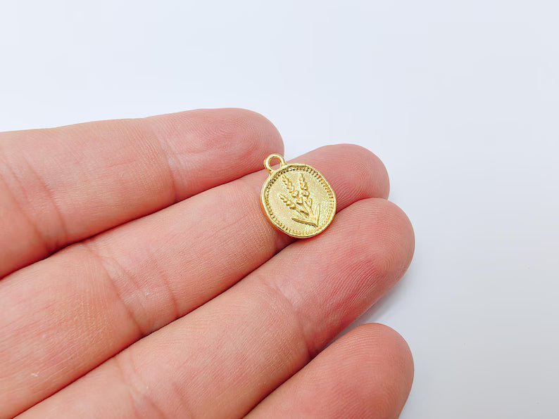 2 Lavender Flower Charm Pendant, Double Sided Oval Design, 24k Shiny Gold Zamac, 16x13mm, G37388