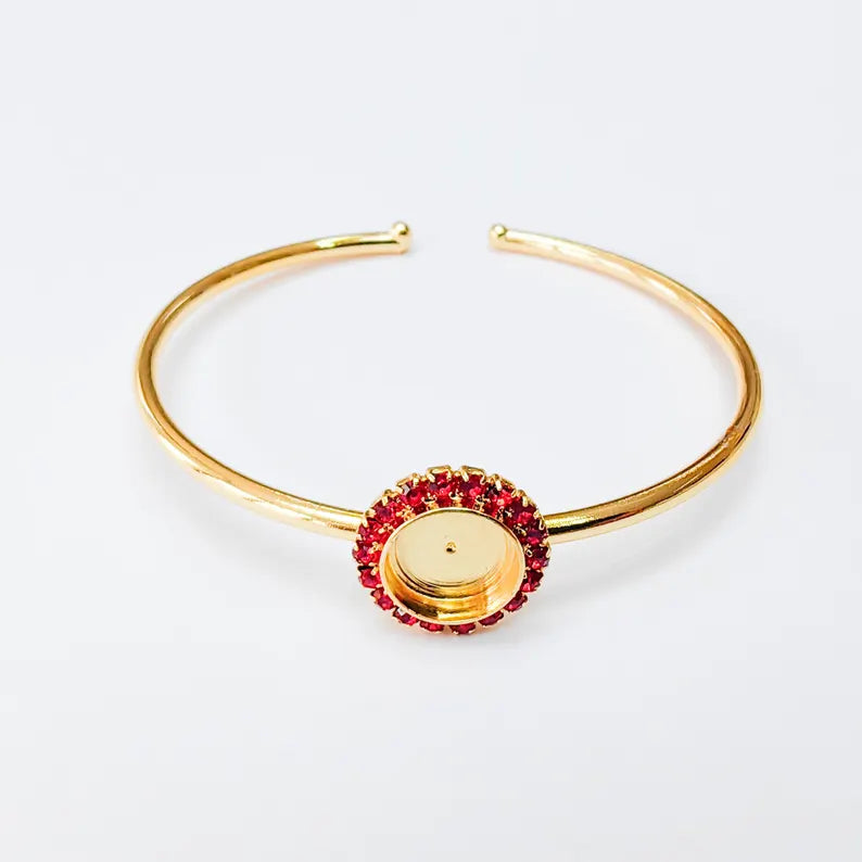 Red Crystal Accent Bracelet Bezel, Adjustable Cuff Bangle, 10mm Round Setting, 24k Shiny Gold Brass, G37477