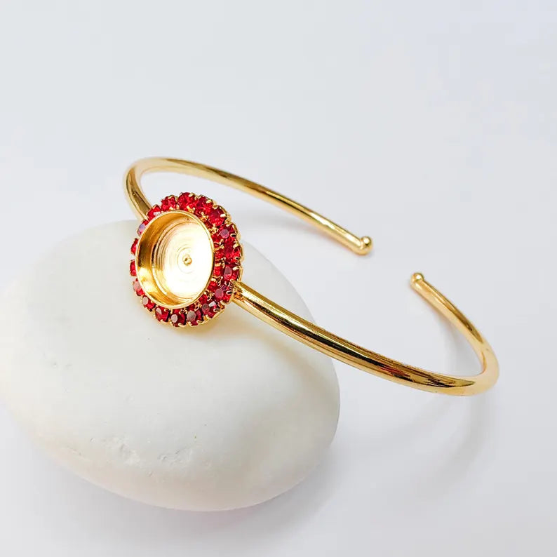 Red Crystal Accent Bracelet Bezel, Adjustable Cuff Bangle, 10mm Round Setting, 24k Shiny Gold Brass, G37477