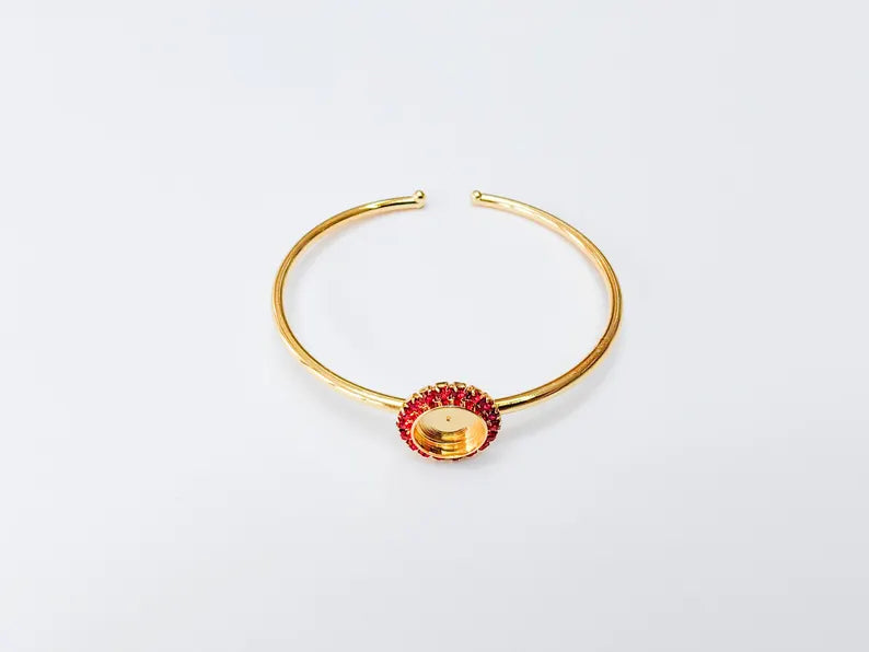 Red Crystal Accent Bracelet Bezel, Adjustable Cuff Bangle, 10mm Round Setting, 24k Shiny Gold Brass, G37477