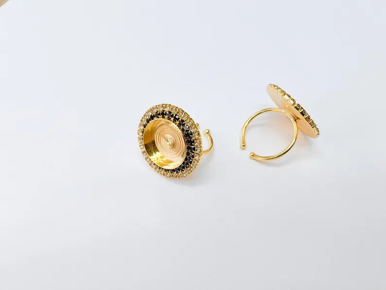 Black Crystal Ring Bezel, Adjustable Ring Base, 16mm Round Bezel Setting, 24K Shiny Gold, G37478