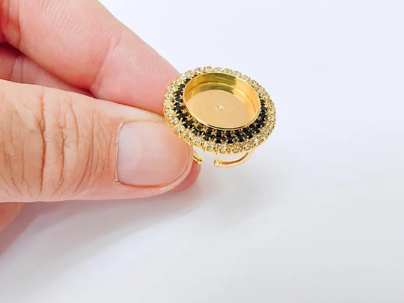 Black Crystal Ring Bezel, Adjustable Ring Base, 16mm Round Bezel Setting, 24K Shiny Gold, G37478