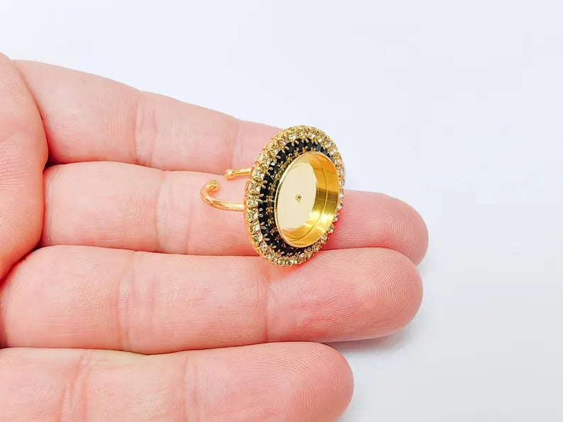 Black Crystal Ring Bezel, Adjustable Ring Base, 16mm Round Bezel Setting, 24K Shiny Gold, G37478