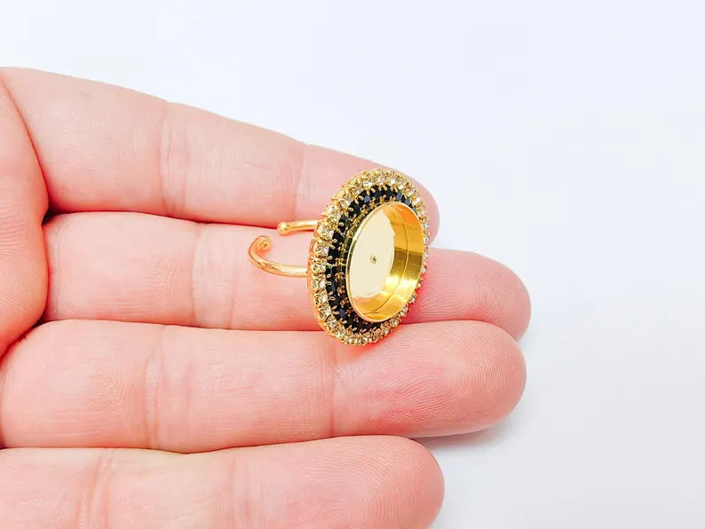 Black Crystal Ring Bezel, Adjustable Ring Base, 16mm Round Bezel Setting, 24K Shiny Gold, G37478