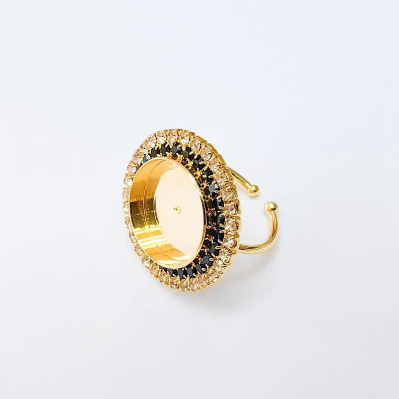 Black Crystal Ring Bezel, Adjustable Ring Base, 16mm Round Bezel Setting, 24K Shiny Gold, G37478