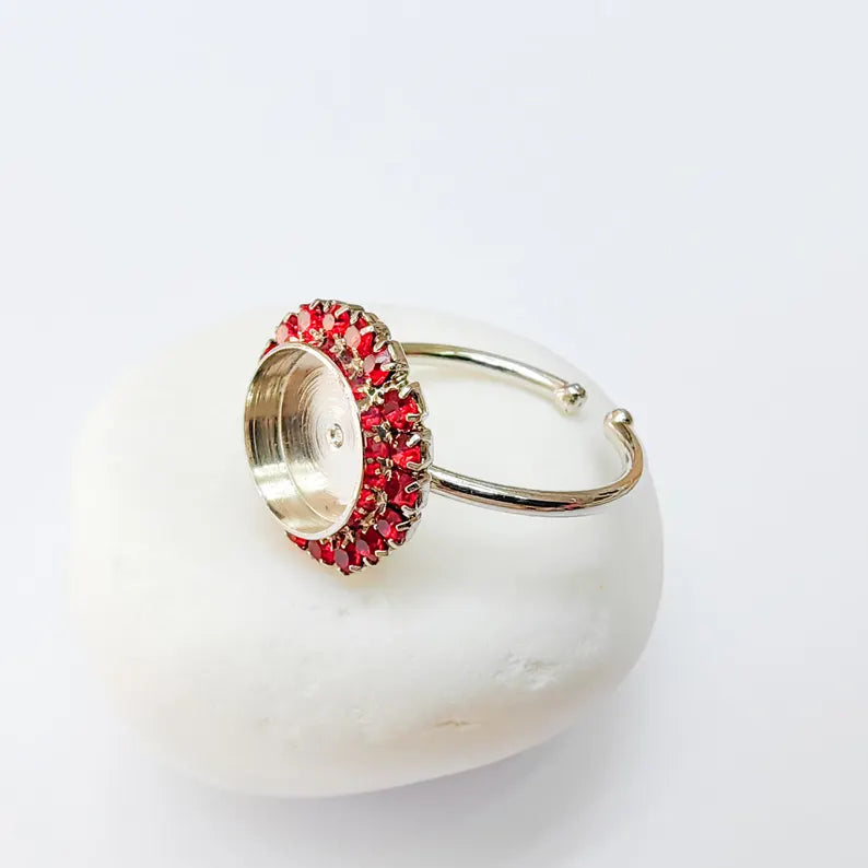 Ring Blank Red Crystals, Ring Bezel Setting Cabochon Resin Mounting Shiny Silver Base Rhodium Plated Brass Adjustable (10mm) G37479