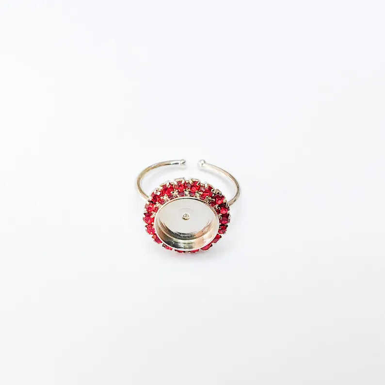 Ring Blank Red Crystals, Ring Bezel Setting Cabochon Resin Mounting Shiny Silver Base Rhodium Plated Brass Adjustable (10mm) G37479