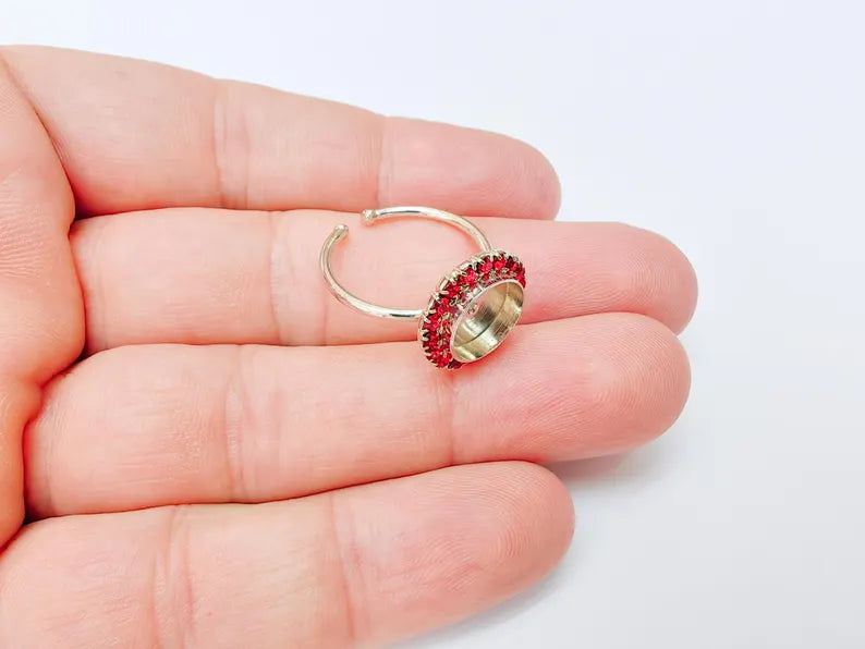Ring Blank Red Crystals, Ring Bezel Setting Cabochon Resin Mounting Shiny Silver Base Rhodium Plated Brass Adjustable (10mm) G37479