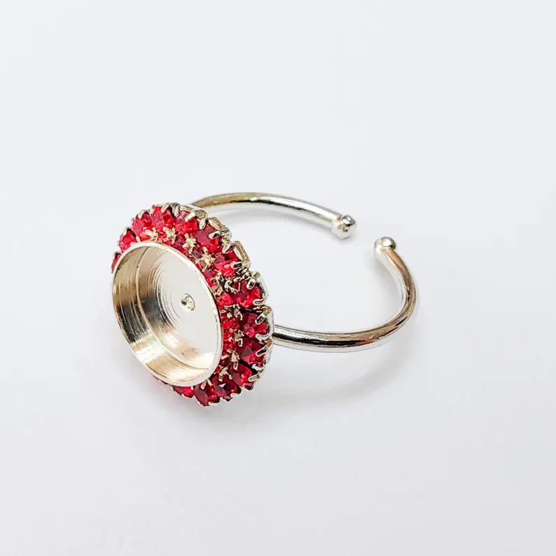 Ring Blank Red Crystals, Ring Bezel Setting Cabochon Resin Mounting Shiny Silver Base Rhodium Plated Brass Adjustable (10mm) G37479