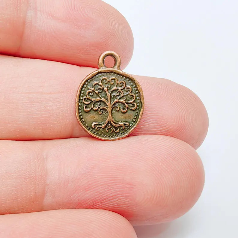4 Tree of Life Charm Pendant, Round Double Sided Jewelry Making Supply, Antique Copper Plated Zamac, 16x13mm, G37480