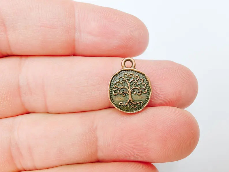 4 Tree of Life Charm Pendant, Round Double Sided Jewelry Making Supply, Antique Copper Plated Zamac, 16x13mm, G37480