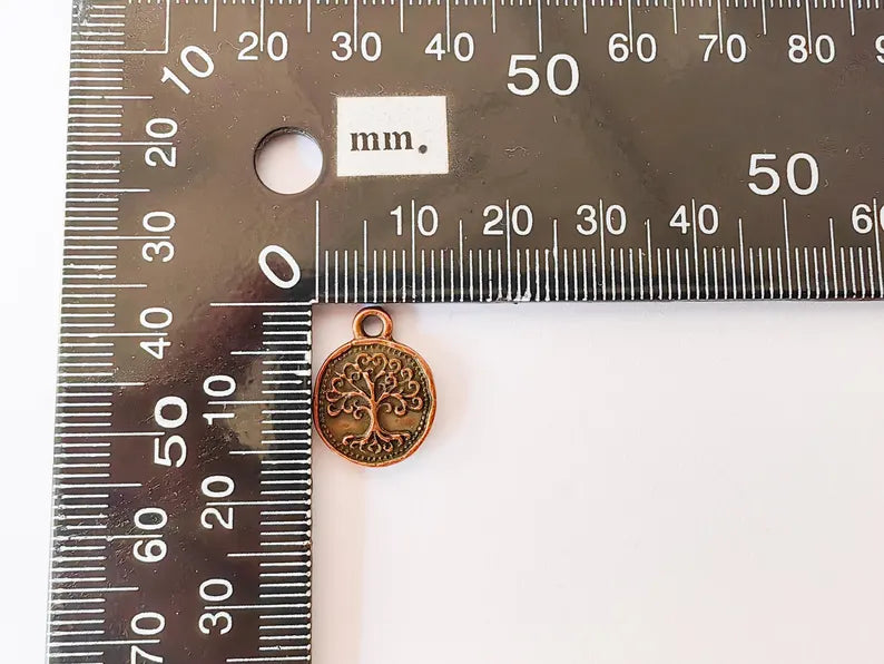 4 Tree of Life Charm Pendant, Round Double Sided Jewelry Making Supply, Antique Copper Plated Zamac, 16x13mm, G37480