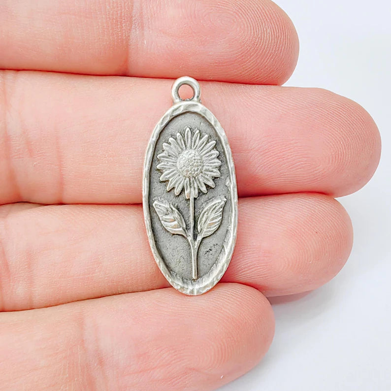 Sunflower Pendant Charm, Oval Floral Pendant, Antique Silver Plated Jewelry Making, 30x13mm G37389
