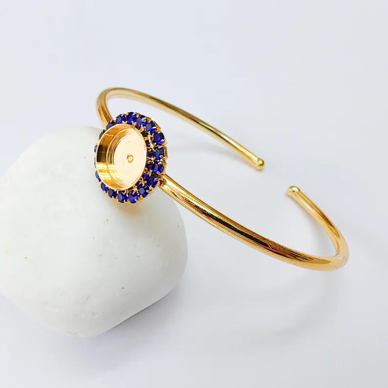 Navy Blue Crystal Accent Bracelet Bezel, Adjustable Cuff Bangle, 10mm Round Setting, 24k Shiny Gold Brass, G37390 (Copy)