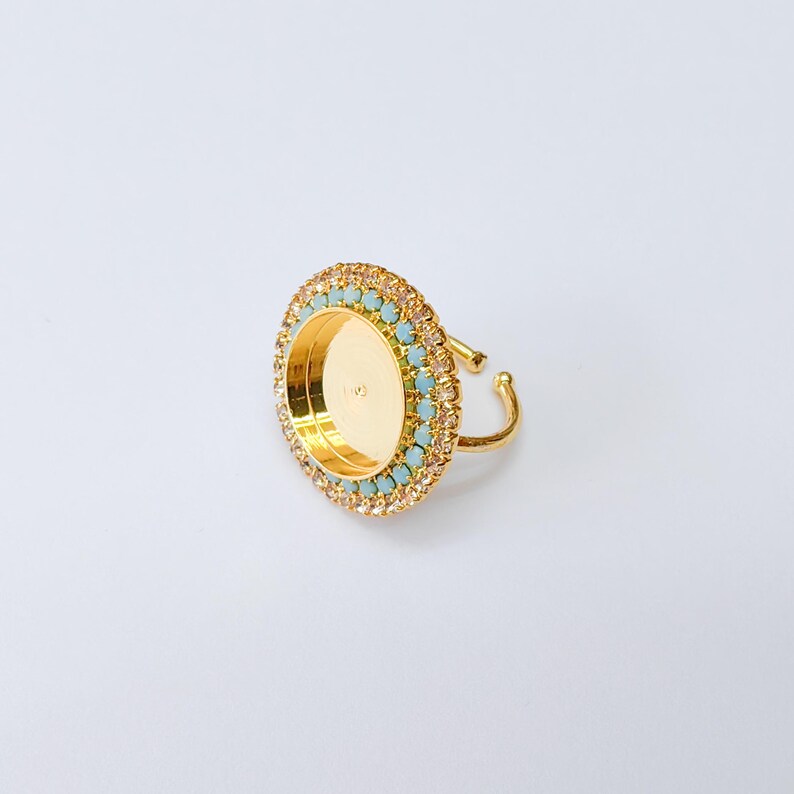 Turquoise Crystal Ring Bezel, Adjustable Ring Base, 16mm Round Bezel Setting, 24K Shiny Gold, G37391