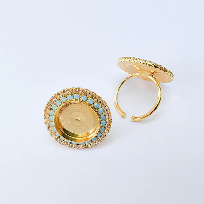 Turquoise Crystal Ring Bezel, Adjustable Ring Base, 16mm Round Bezel Setting, 24K Shiny Gold, G37391