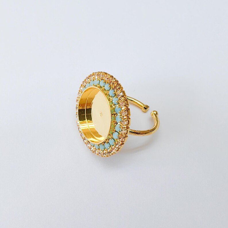 Turquoise Crystal Ring Bezel, Adjustable Ring Base, 16mm Round Bezel Setting, 24K Shiny Gold, G37391