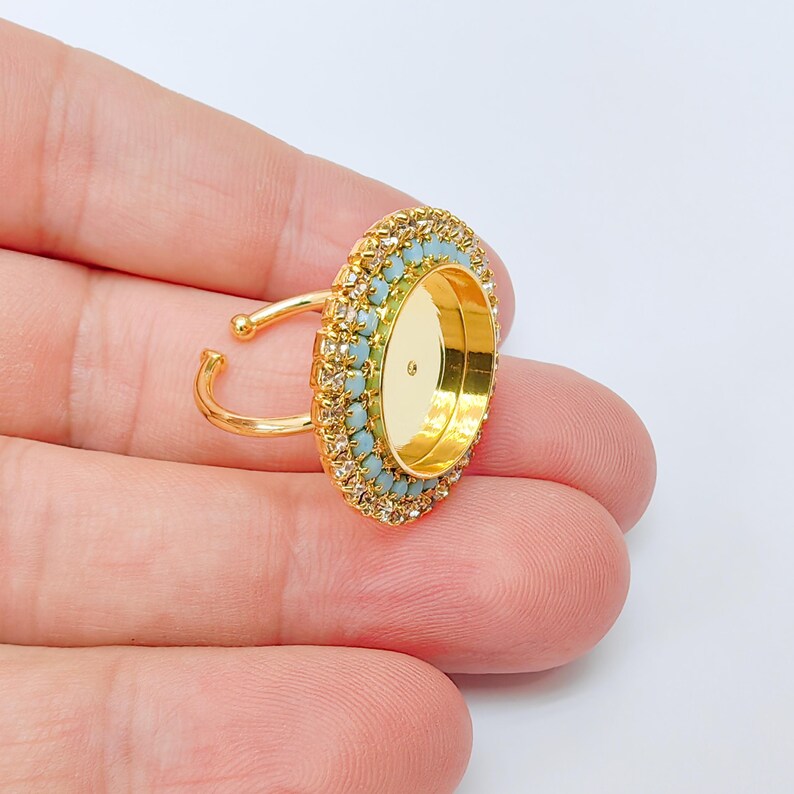 Turquoise Crystal Ring Bezel, Adjustable Ring Base, 16mm Round Bezel Setting, 24K Shiny Gold, G37391