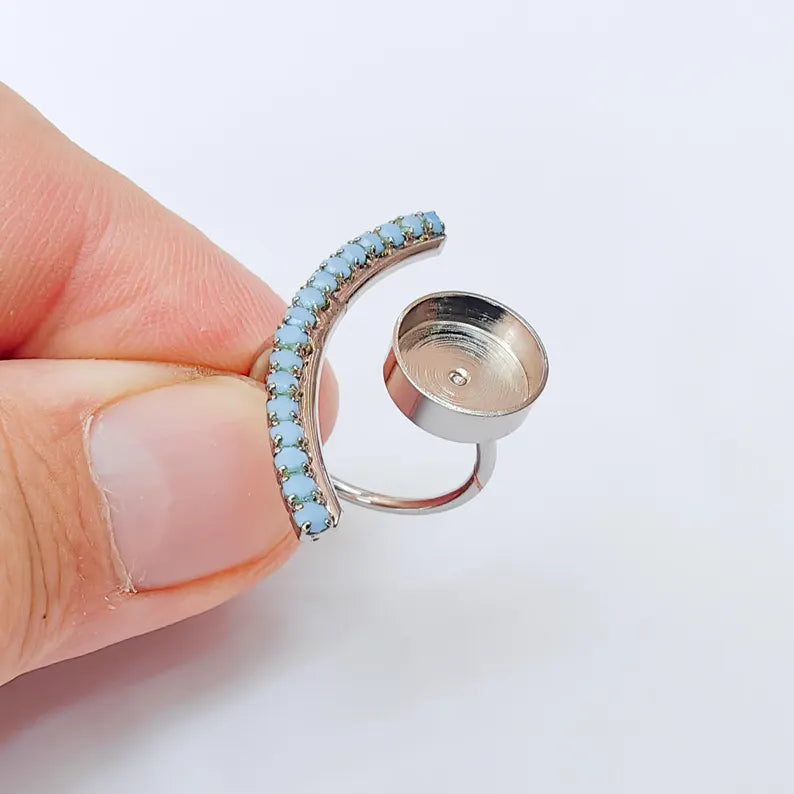 Turquoise Crystal Accent Adjustable Ring Bezel, 10mm Bezel Cup, Shiny Silver Brass, G37392