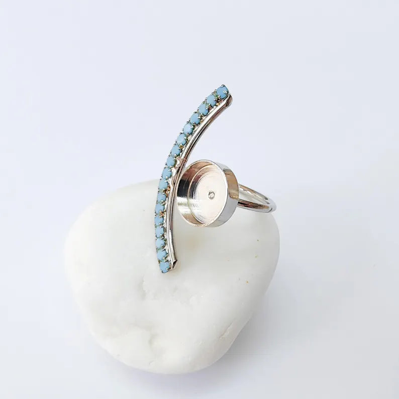 Turquoise Crystal Accent Adjustable Ring Bezel, 10mm Bezel Cup, Shiny Silver Brass, G37392