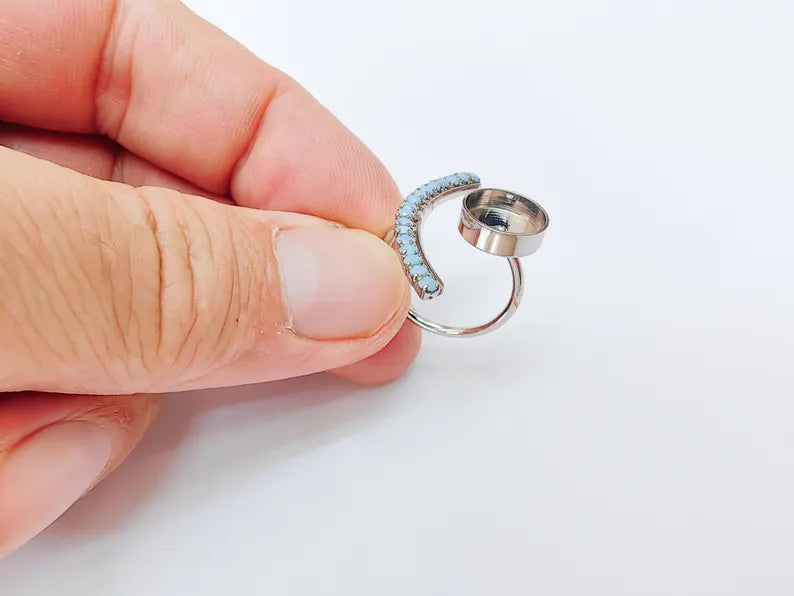 Turquoise Crystal Accent Adjustable Ring Bezel, 10mm Bezel Cup, Shiny Silver Brass, G37392