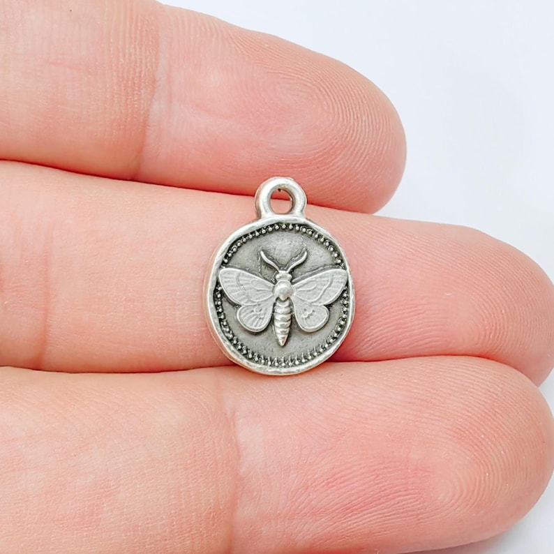 4 Moth Charm Pendant, Double Sided Organic Round Coin Design, Antique Silver Zamac, 16x12mm, G37393
