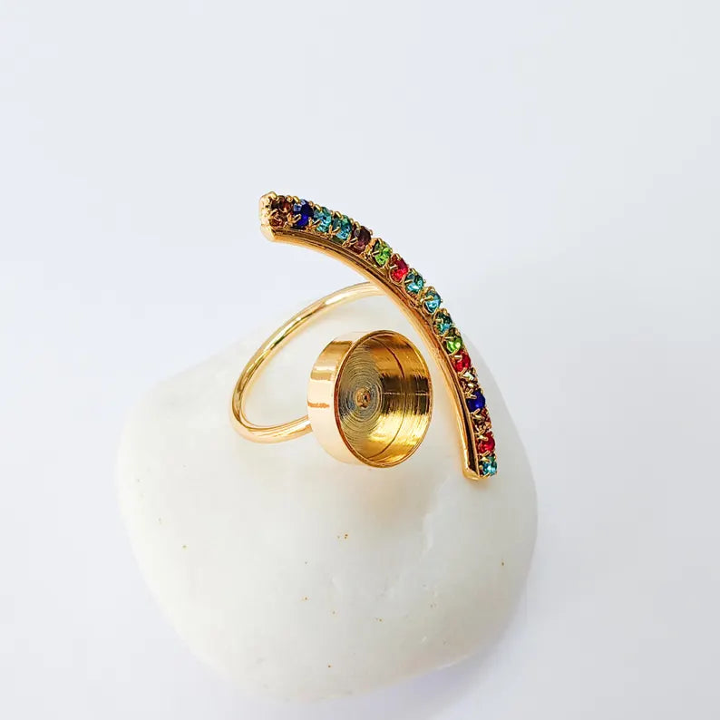Adjustable Ring Bezel, 10mm Round Bezel Cup, Colorful Crystal, 24K Gold Plated, G37394