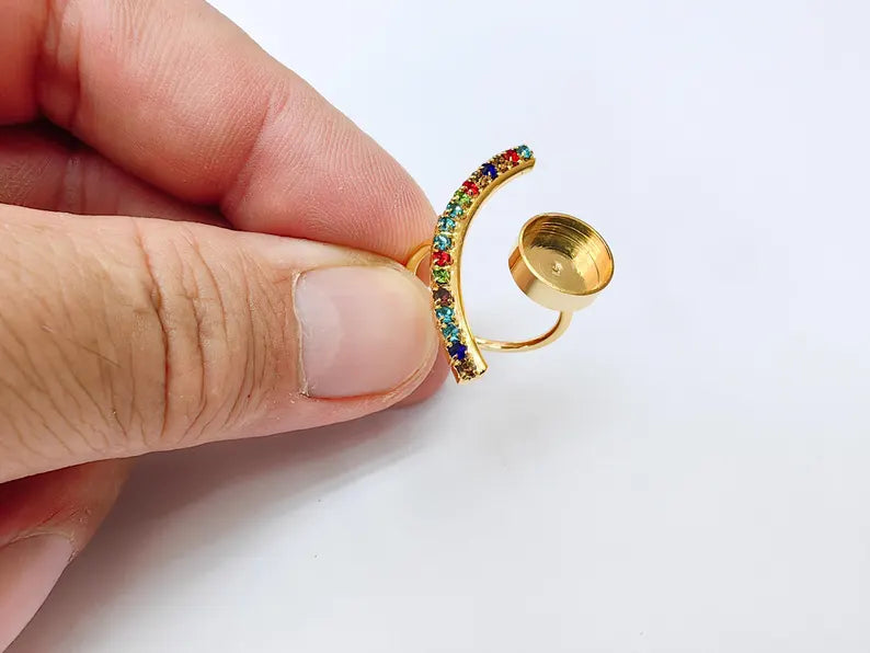 Adjustable Ring Bezel, 10mm Round Bezel Cup, Colorful Crystal, 24K Gold Plated, G37394