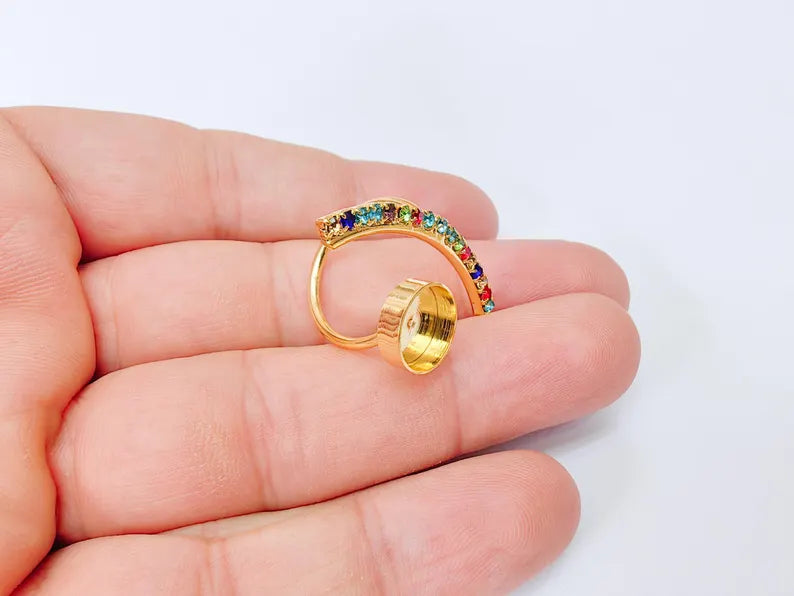 Adjustable Ring Bezel, 10mm Round Bezel Cup, Colorful Crystal, 24K Gold Plated, G37394