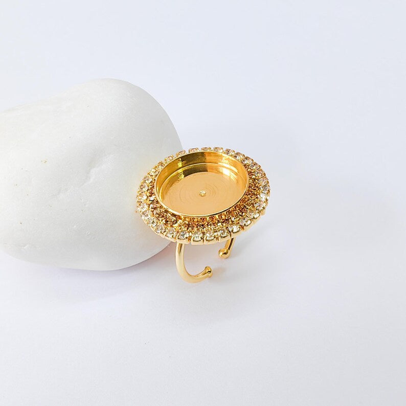 Crystal Ring Bezel, Adjustable Ring Base, 16mm Round Bezel Setting, 24K Shiny Gold, G37395