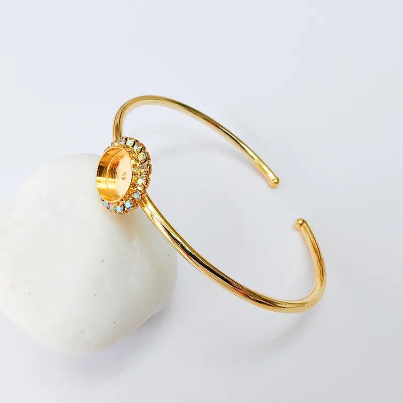 Rainbow Blue Crystal Accent Bracelet Bezel, Adjustable Cuff Bangle, 10mm Round Setting, 24k Shiny Gold Brass, G37396