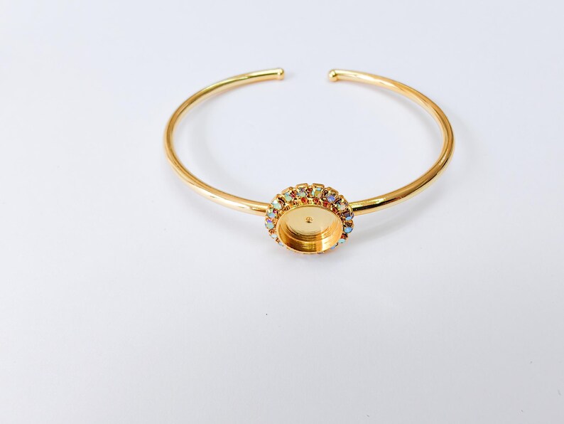 Rainbow Blue Crystal Accent Bracelet Bezel, Adjustable Cuff Bangle, 10mm Round Setting, 24k Shiny Gold Brass, G37396