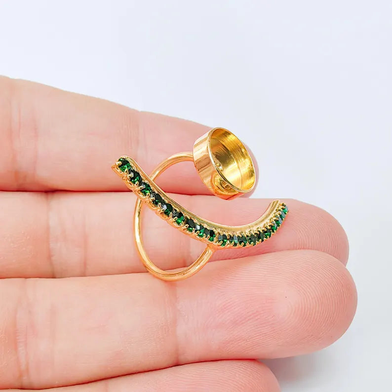 Adjustable Ring Bezel, 10mm Round Bezel Cup, Green Crystal, 24K Gold Plated, G37398