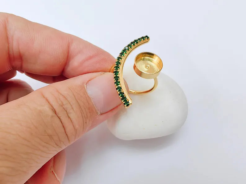 Adjustable Ring Bezel, 10mm Round Bezel Cup, Green Crystal, 24K Gold Plated, G37398