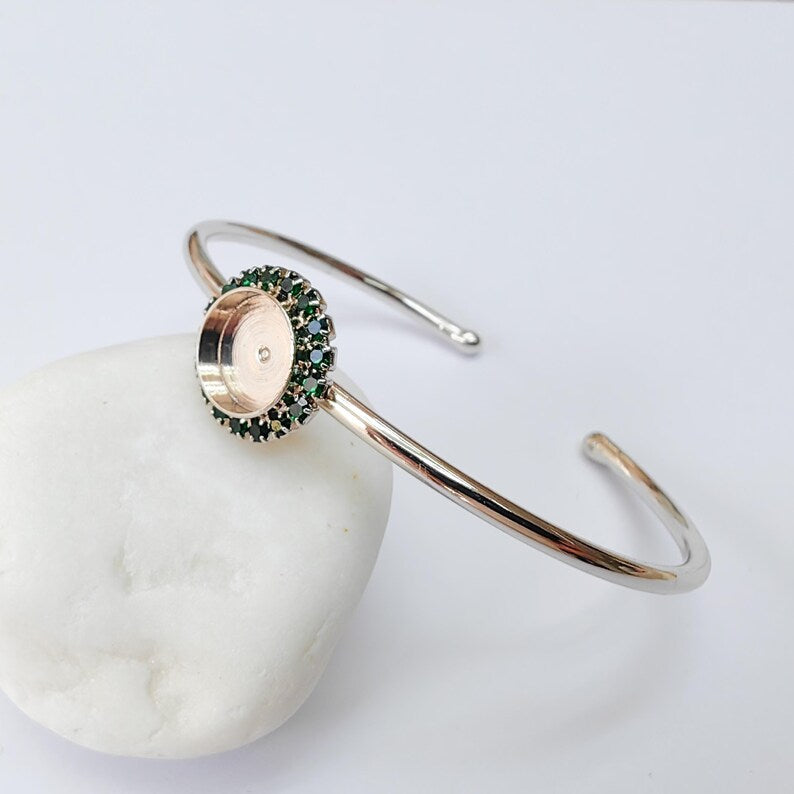 Green Crystal Bangle Bracelet, Shiny Silver Adjustable Cuff, 10mm Bezel Jewelry Making Supplies, G37399