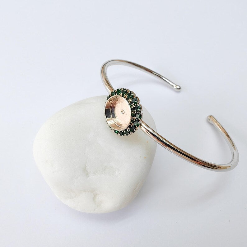 Green Crystal Bangle Bracelet, Shiny Silver Adjustable Cuff, 10mm Bezel Jewelry Making Supplies, G37399