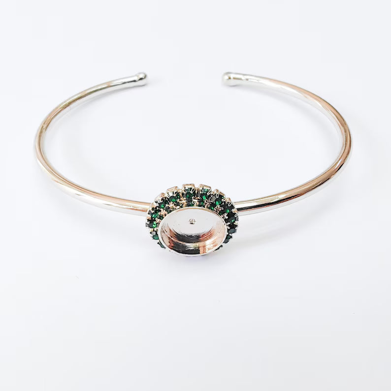 Green Crystal Bangle Bracelet, Shiny Silver Adjustable Cuff, 10mm Bezel Jewelry Making Supplies, G37399