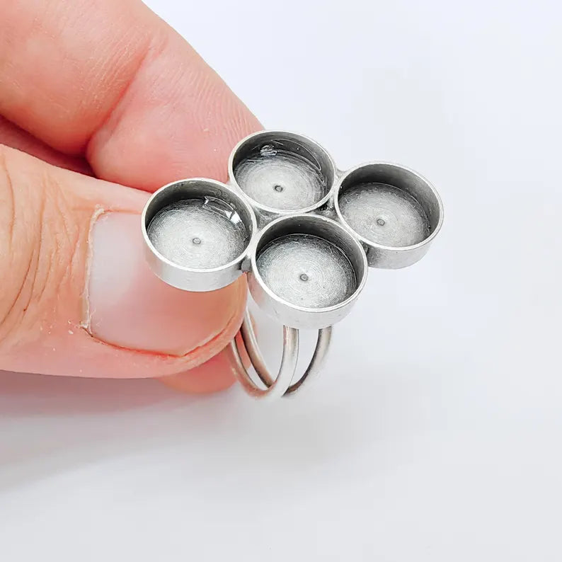 Adjustable Ring Setting, 4 Cup Bezels 10mm, Antique Silver Plated Brass, Jewelry Making Supplies G37401