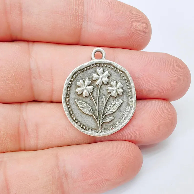 Flower Charm, Organic Edge Floral Medallion Pendant, Antique Silver Plated 28x24mm G37402