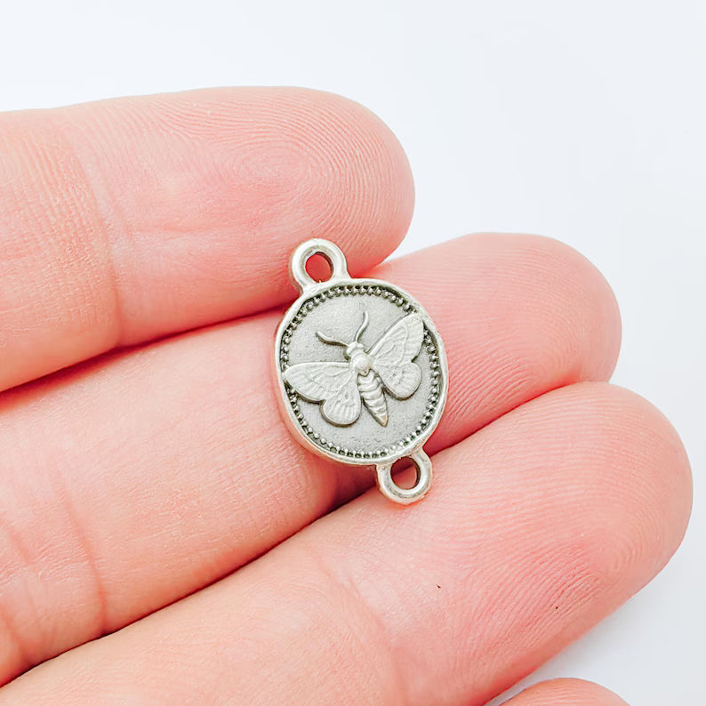 4 Moth Charm Connector Pendant, Double Sided Organic Round Coin Design, Antique Silver Zamac, 20x12mm, G37405