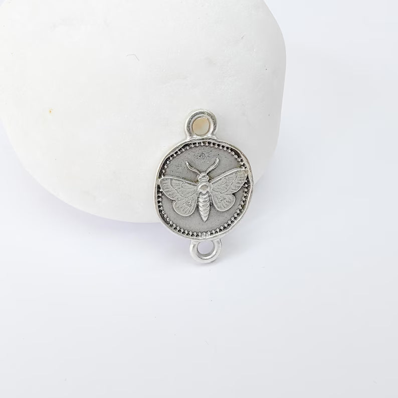 4 Moth Charm Connector Pendant, Double Sided Organic Round Coin Design, Antique Silver Zamac, 20x12mm, G37405