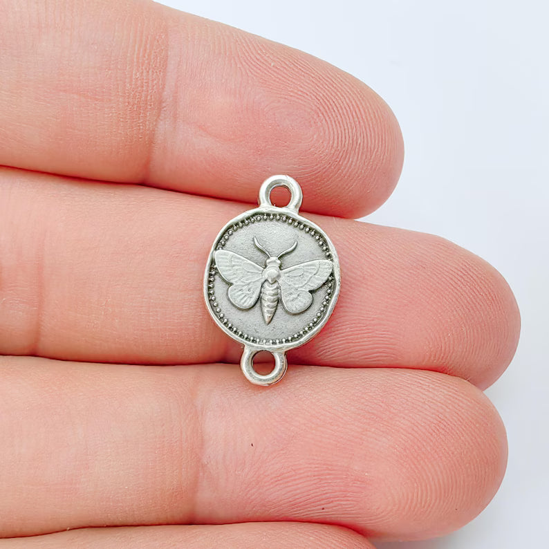 4 Moth Charm Connector Pendant, Double Sided Organic Round Coin Design, Antique Silver Zamac, 20x12mm, G37405