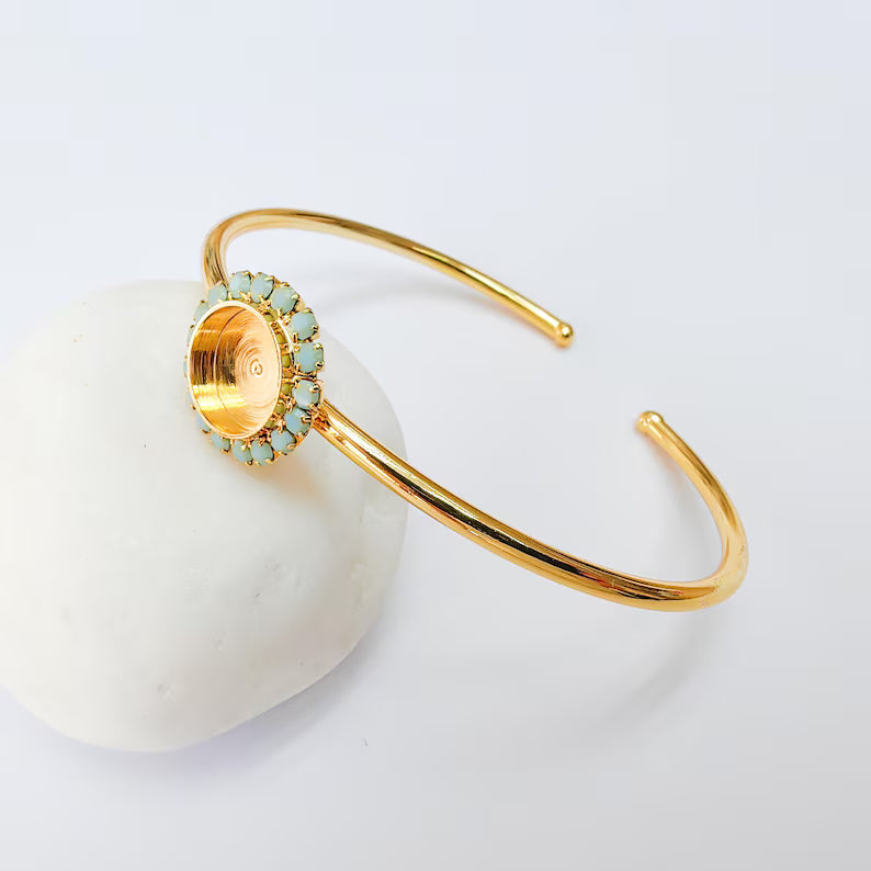 Turquoise Crystal Accent Bracelet Bezel, Adjustable Cuff Bangle, 10mm Round Setting, 24k Shiny Gold Brass, G37407