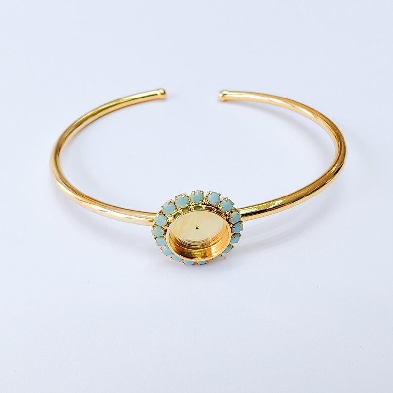 Turquoise Crystal Accent Bracelet Bezel, Adjustable Cuff Bangle, 10mm Round Setting, 24k Shiny Gold Brass, G37407