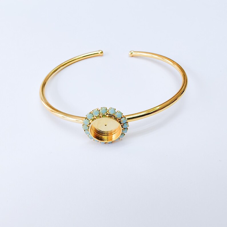 Turquoise Crystal Accent Bracelet Bezel, Adjustable Cuff Bangle, 10mm Round Setting, 24k Shiny Gold Brass, G37407