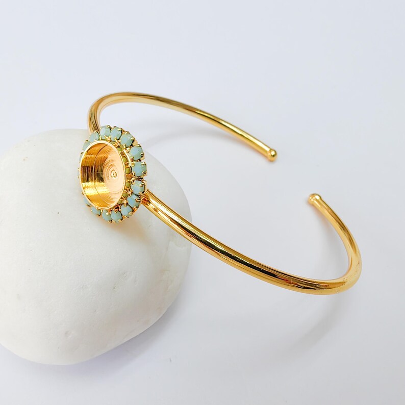 Turquoise Crystal Accent Bracelet Bezel, Adjustable Cuff Bangle, 10mm Round Setting, 24k Shiny Gold Brass, G37407