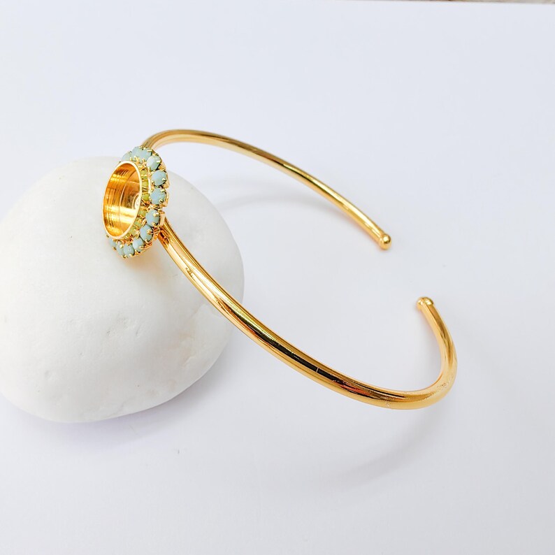Turquoise Crystal Accent Bracelet Bezel, Adjustable Cuff Bangle, 10mm Round Setting, 24k Shiny Gold Brass, G37407